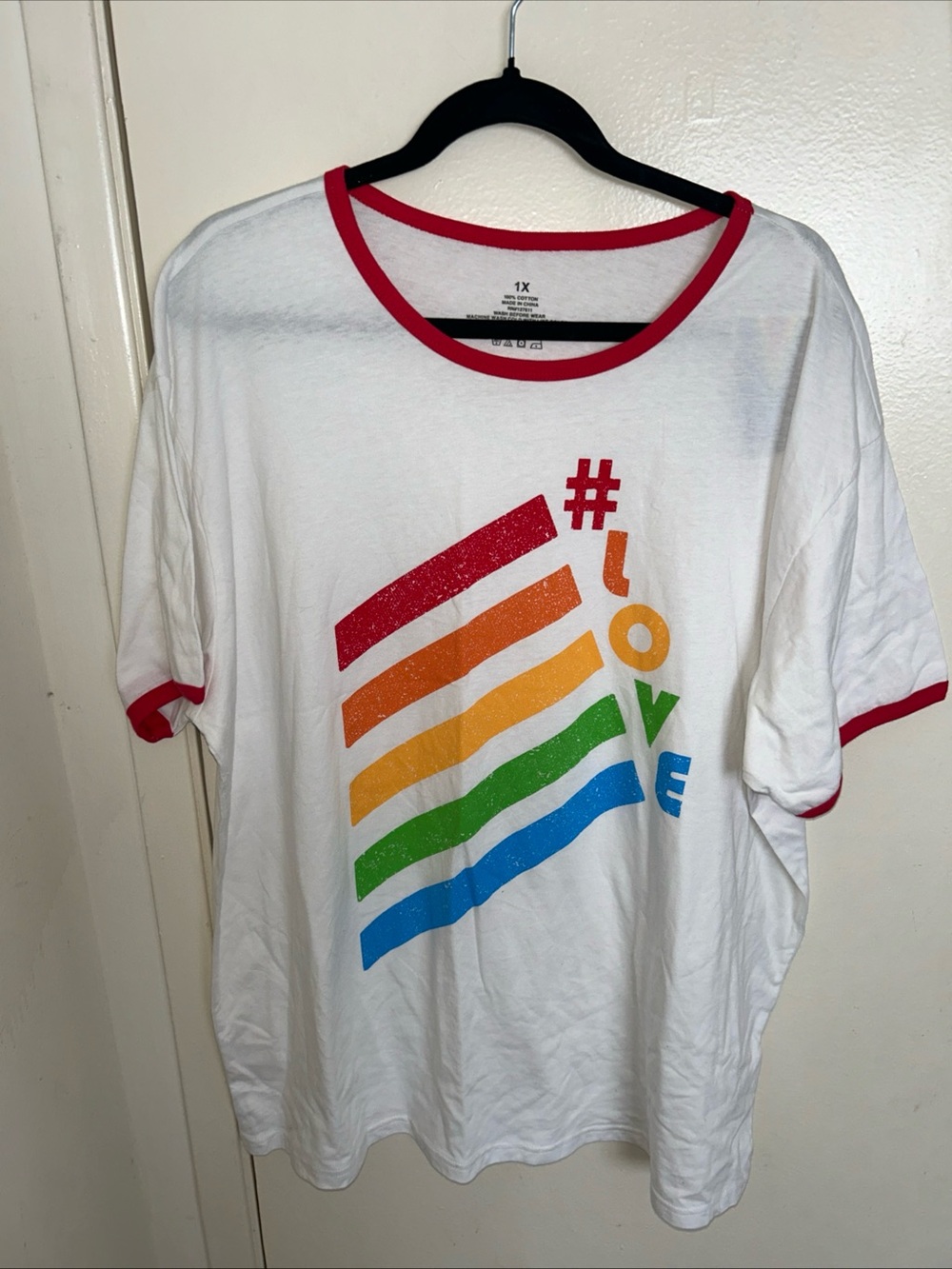 Unbranded White Short Sleeve Tee with Rainbow Stripes and Red Trim